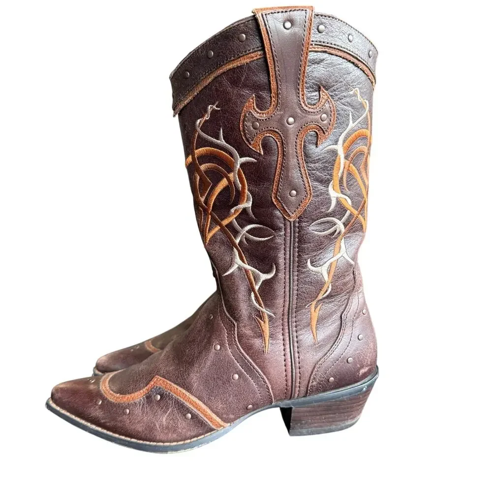Durango Crush Cowboy Boots Women’s Brown Leather Embroidered‎ w/ Cross 13” - 9.5